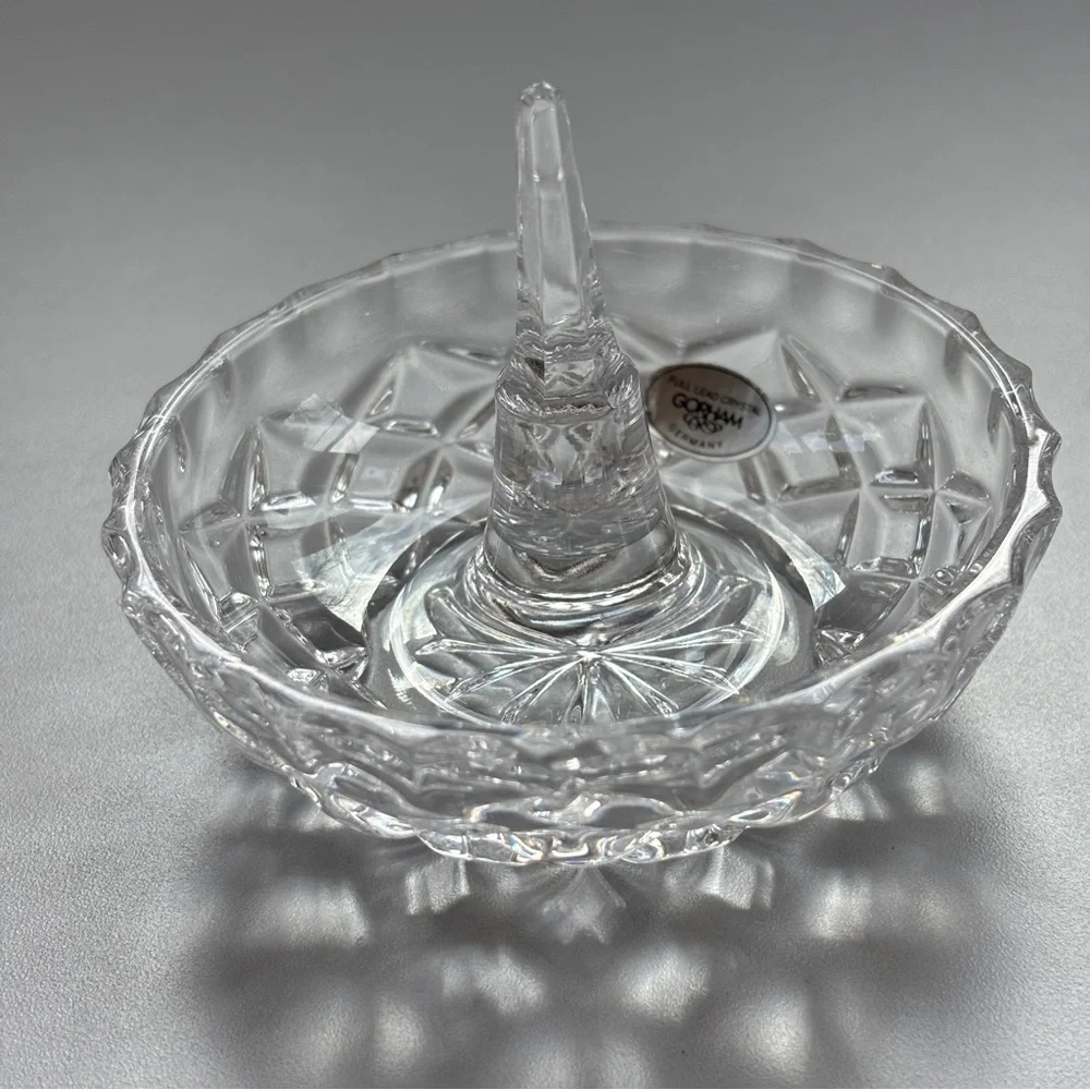 Gorham Full Lead Crystal Faceted Clear Ring Holder Dish Jewelry Organizer Holder